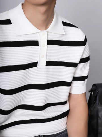 AIDASE  -  Stylish Striped Knitted Polo Shirt Men Vintage Buttoned Lapel Jumpers Summer Stylish Mens Short Sleeve Slim Polos Knitting Tops aidase-shop